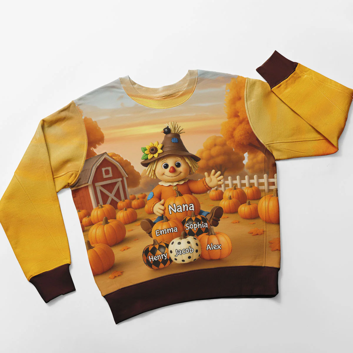 Fall Season Grandma Scarecrow Grandkids Pumpkins 3D Effect Personalized Sweatshirt - Image 9