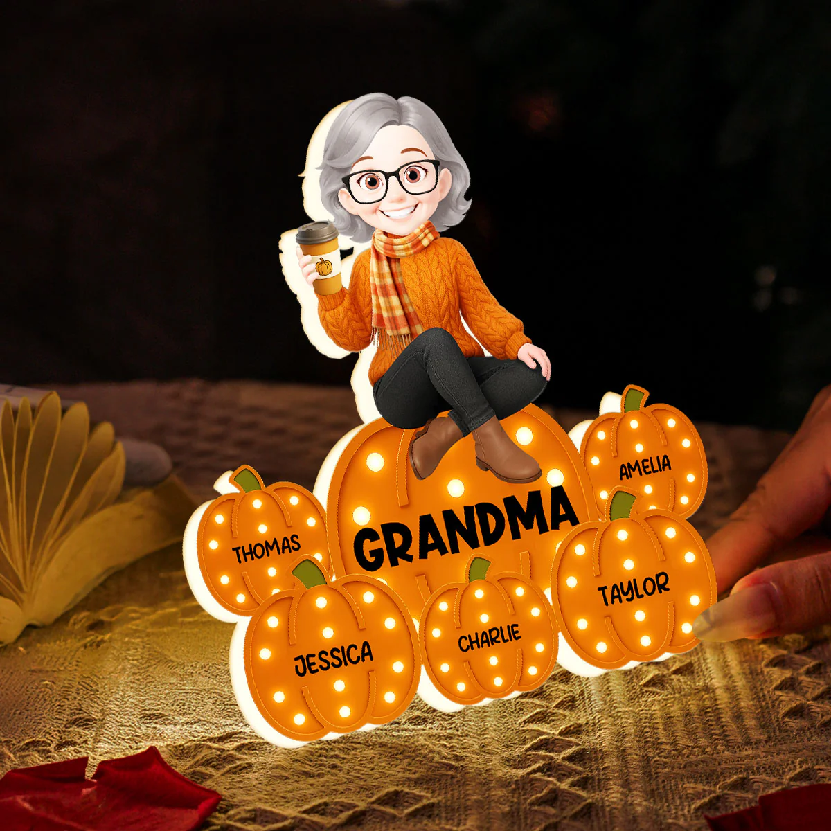 Fall Season Grandma Sitting On Marquee Pattern Texture Pumpkins Personalized LED Light Box, Cozy Grandma's Home Decoration - Image 6