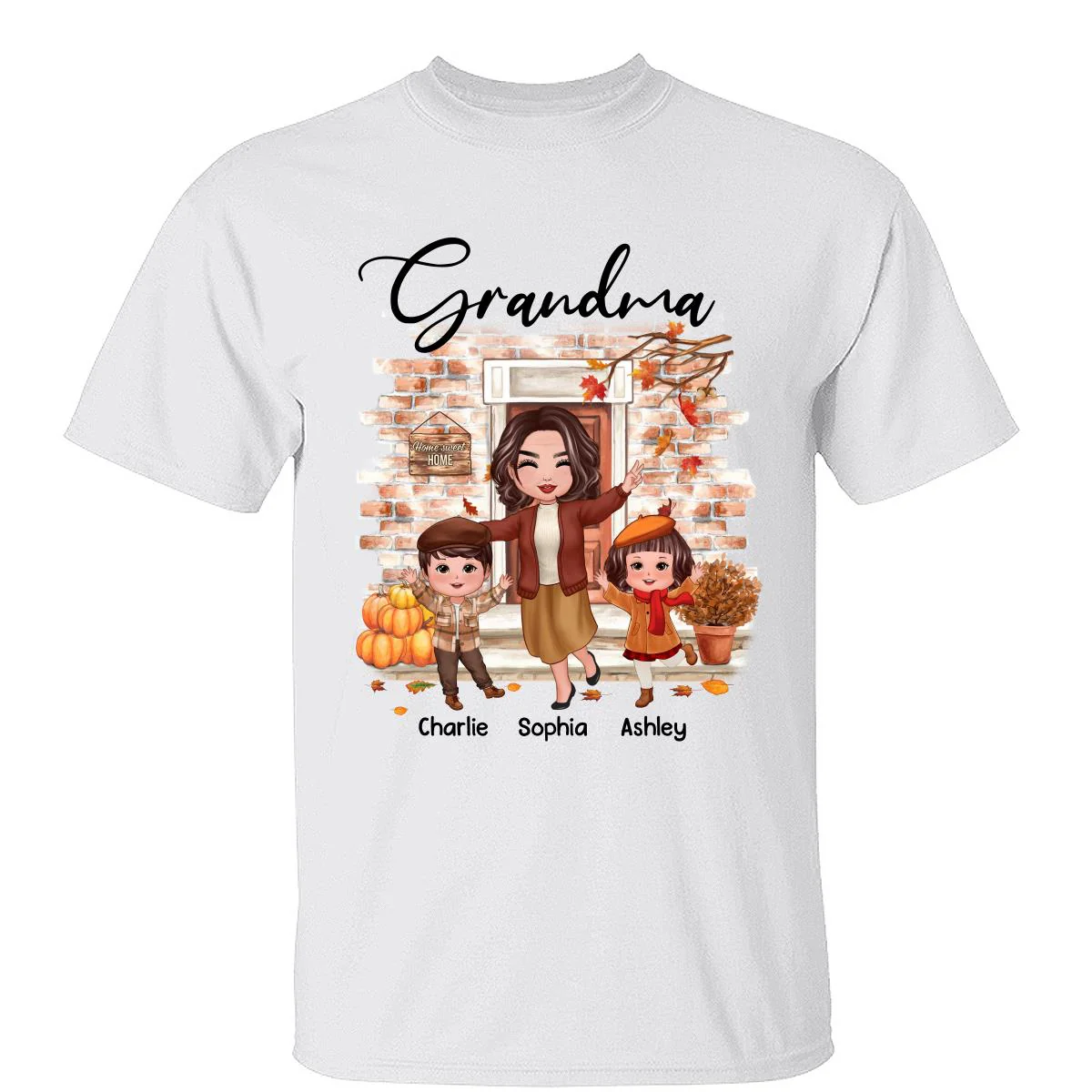 Fall Season Happy Doll Grandma And Grandkids At Front Door Personalized Shirt