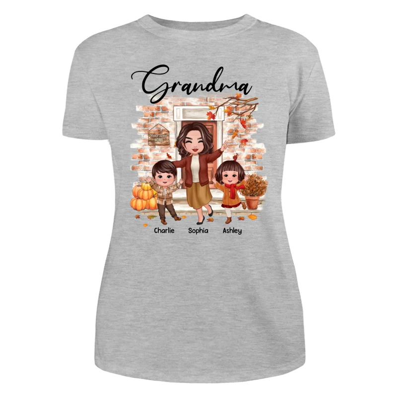 Fall Season Happy Doll Grandma And Grandkids At Front Door Personalized Shirt - Image 10