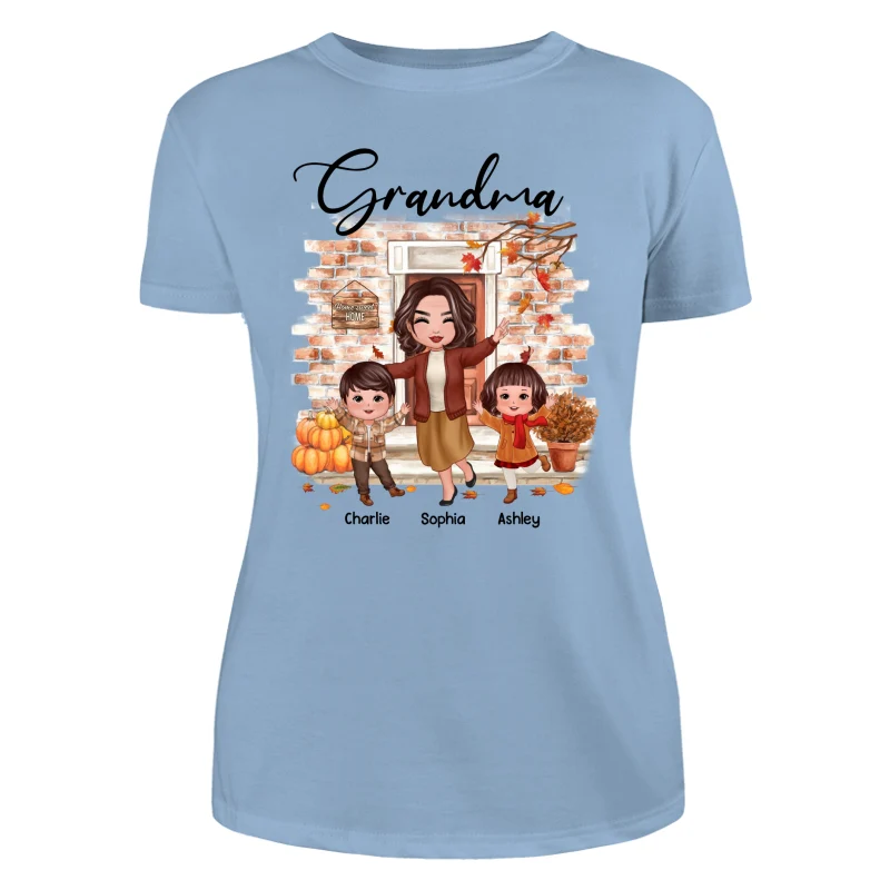 Fall Season Happy Doll Grandma And Grandkids At Front Door Personalized Shirt - Image 12