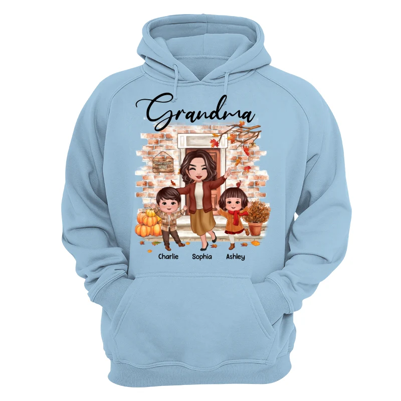 Fall Season Happy Doll Grandma And Grandkids At Front Door Personalized Shirt - Image 16