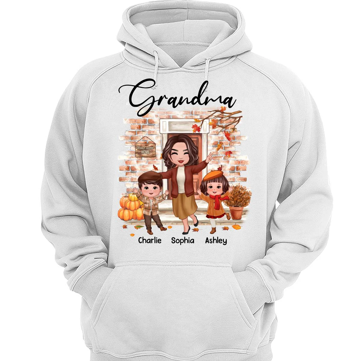 Fall Season Happy Doll Grandma And Grandkids At Front Door Personalized Shirt - Image 3