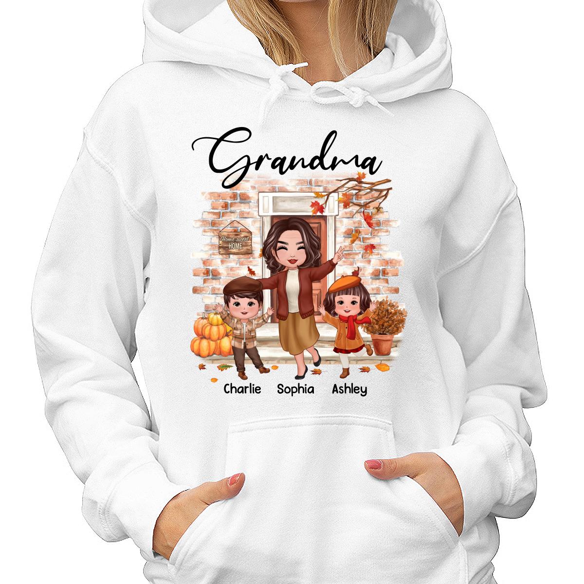 Fall Season Happy Doll Grandma And Grandkids At Front Door Personalized Shirt - Image 4