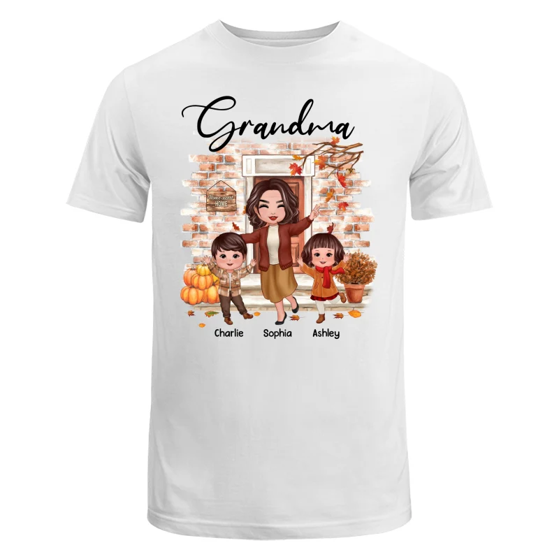 Fall Season Happy Doll Grandma And Grandkids At Front Door Personalized Shirt - Image 5