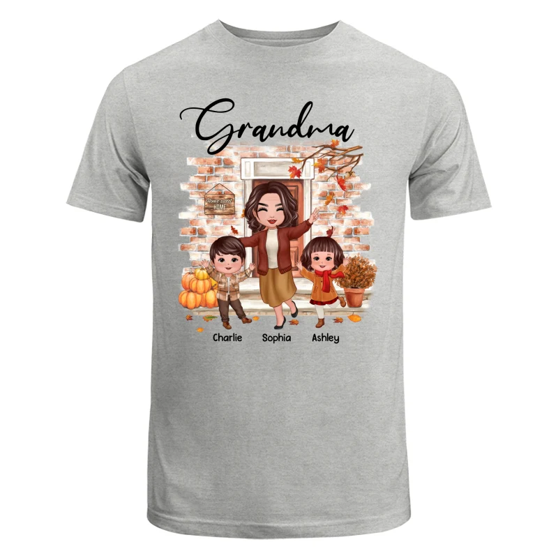 Fall Season Happy Doll Grandma And Grandkids At Front Door Personalized Shirt - Image 6