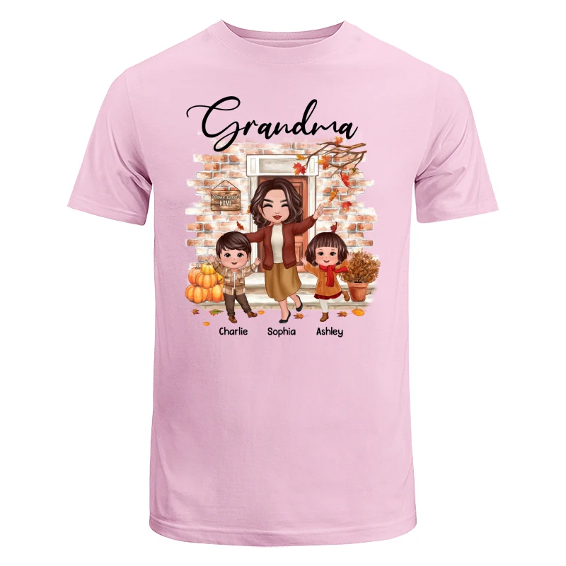 Fall Season Happy Doll Grandma And Grandkids At Front Door Personalized Shirt - Image 7