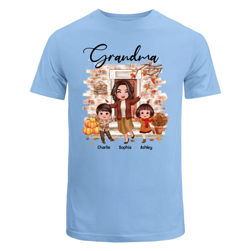 Fall Season Happy Doll Grandma And Grandkids At Front Door Personalized Shirt - Image 8