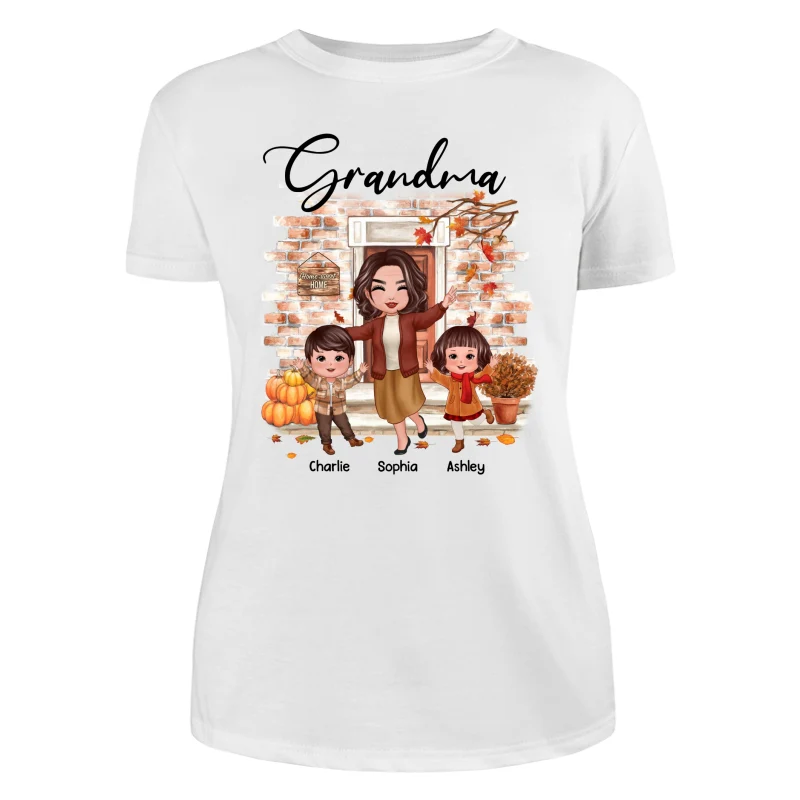 Fall Season Happy Doll Grandma And Grandkids At Front Door Personalized Shirt - Image 9
