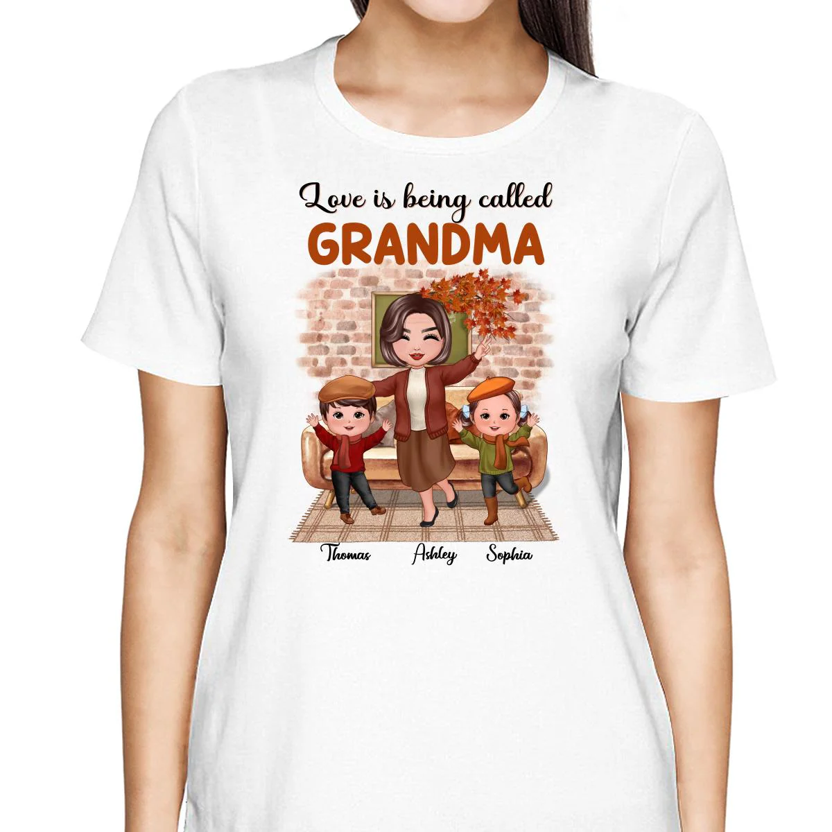 Fall Season Happy Doll Grandma And Grandkids Brick Background In House Personalized Shirt - Image 2