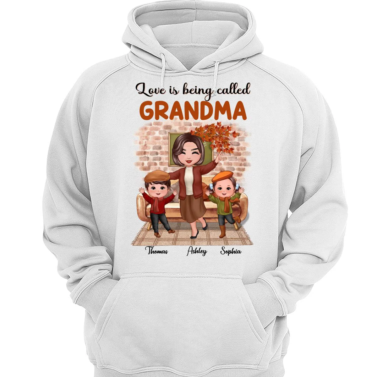 Fall Season Happy Doll Grandma And Grandkids Brick Background In House Personalized Shirt - Image 3
