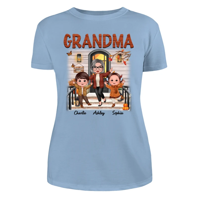 Fall Season Happy Doll Grandma And Grandkids Front Porch Personalized Shirt - Image 12