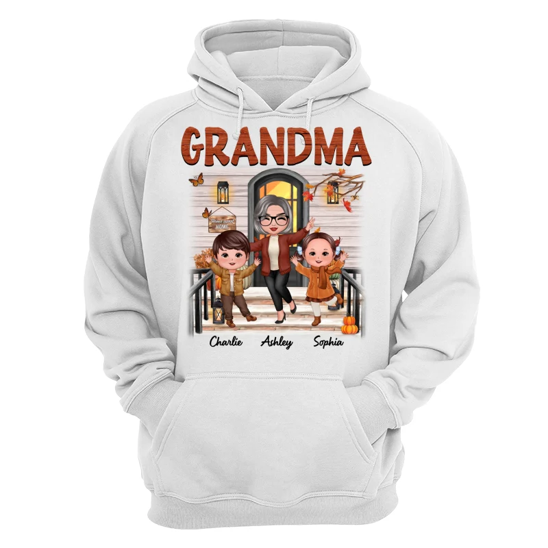 Fall Season Happy Doll Grandma And Grandkids Front Porch Personalized Shirt - Image 13