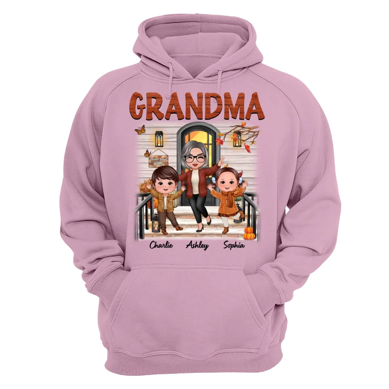 Fall Season Happy Doll Grandma And Grandkids Front Porch Personalized Shirt - Image 15