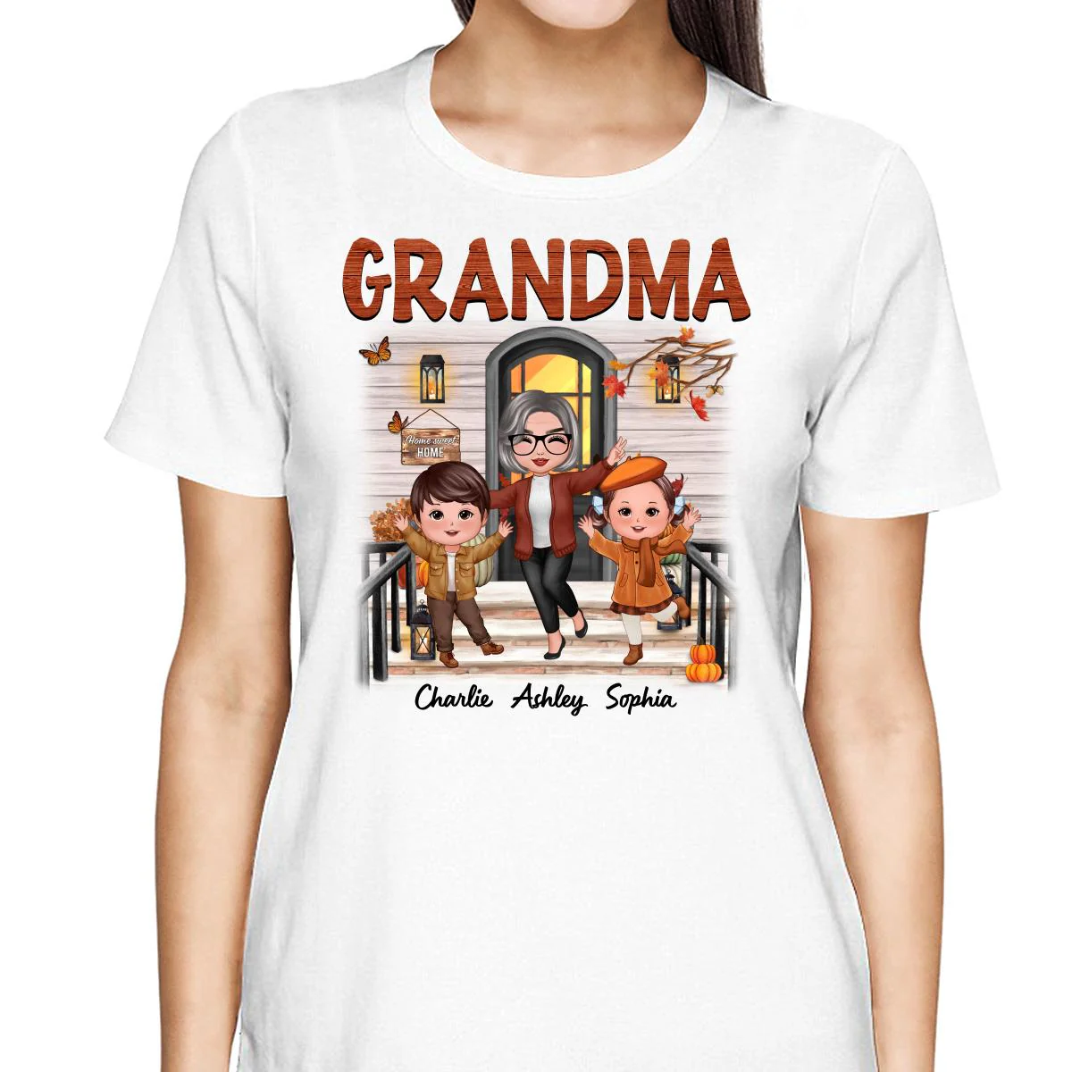 Fall Season Happy Doll Grandma And Grandkids Front Porch Personalized Shirt - Image 2