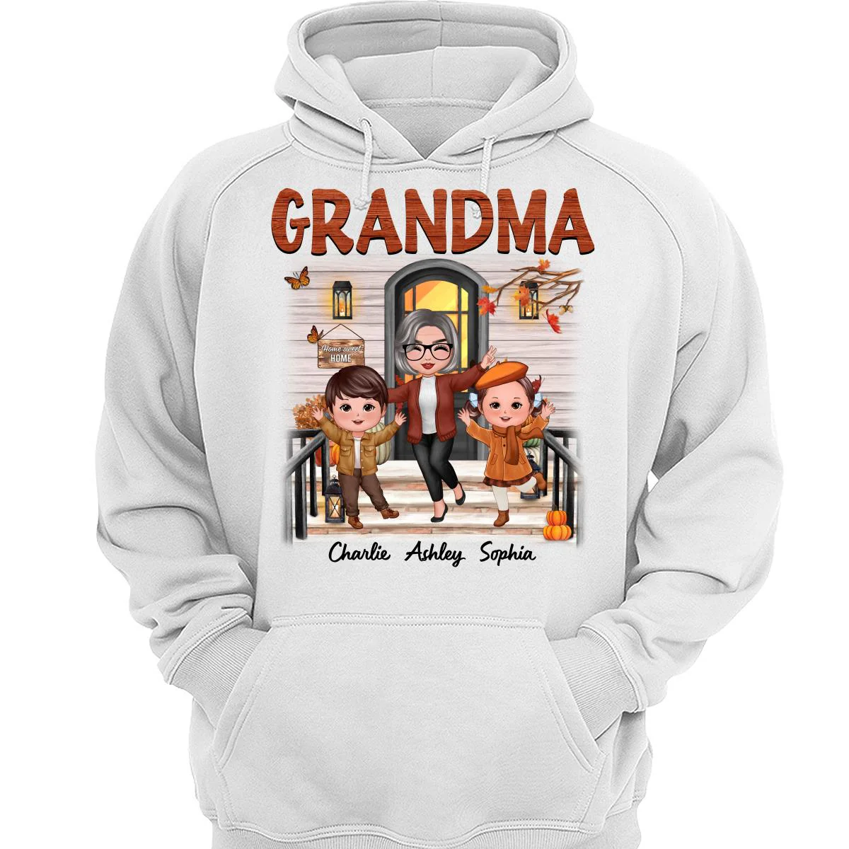 Fall Season Happy Doll Grandma And Grandkids Front Porch Personalized Shirt - Image 3