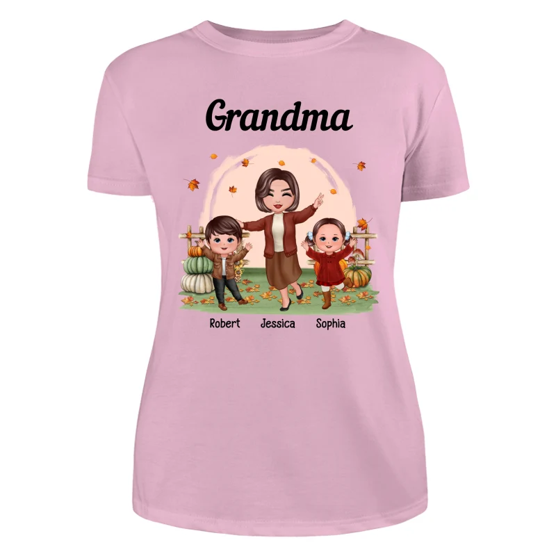 Fall Season Happy Doll Grandma And Grandkids In The Pumpkin Patch Personalized Shirt - Image 11