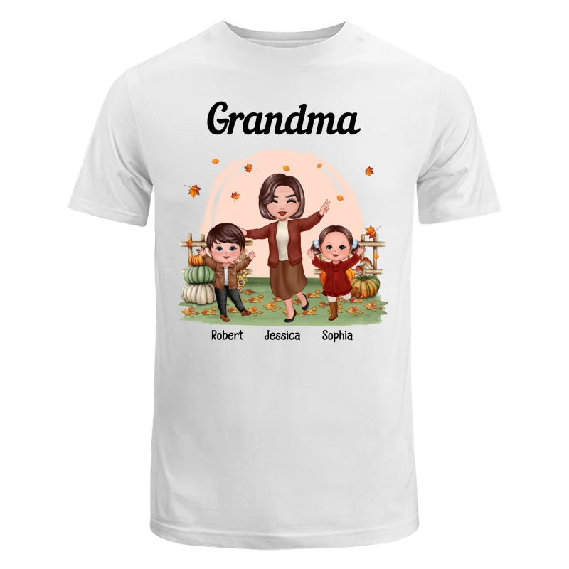 Fall Season Happy Doll Grandma And Grandkids In The Pumpkin Patch Personalized Shirt - Image 5