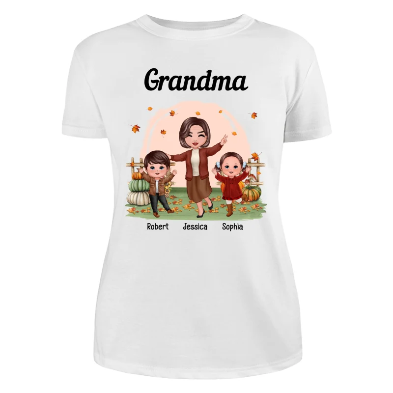 Fall Season Happy Doll Grandma And Grandkids In The Pumpkin Patch Personalized Shirt - Image 9