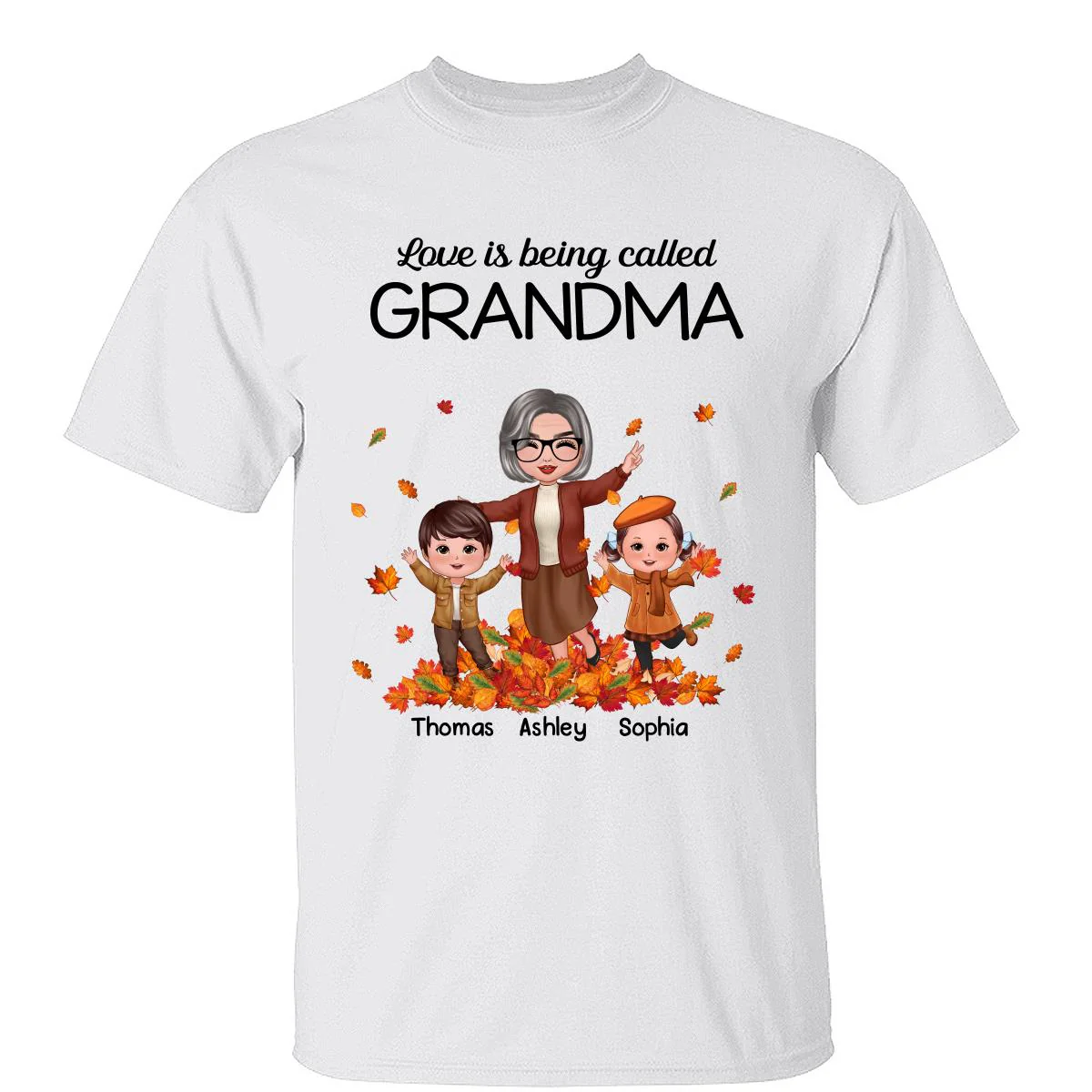 Fall Season Happy Doll Grandma And Grandkids Playing With Autumn Leaves Pile Personalized Shirt