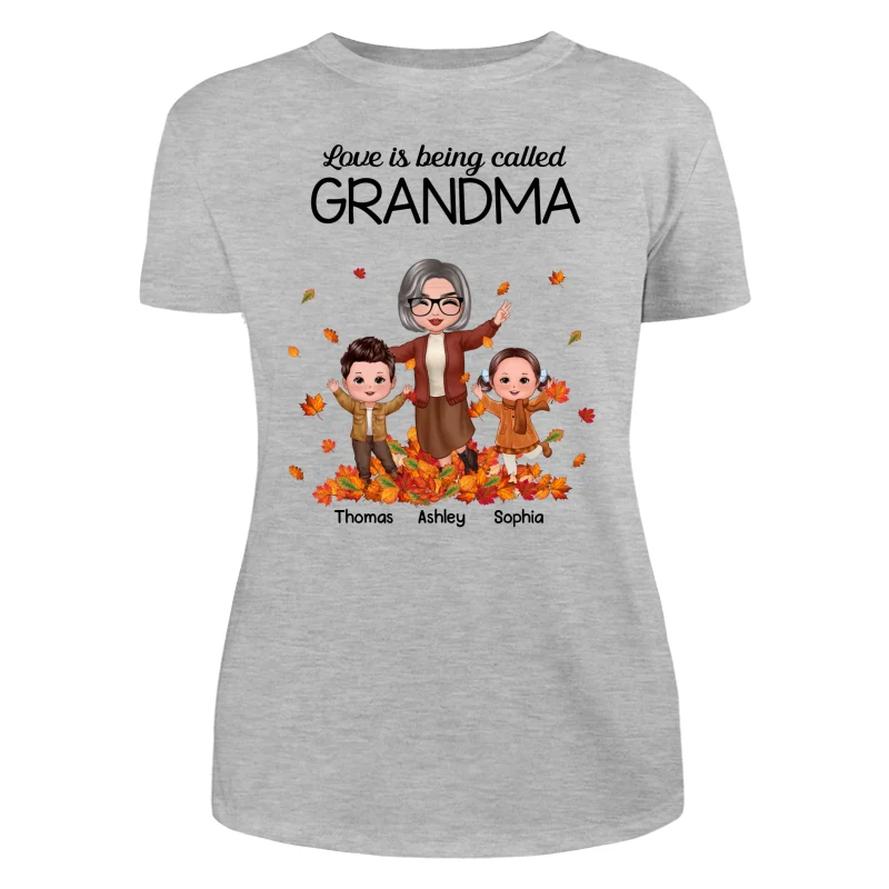 Fall Season Happy Doll Grandma And Grandkids Playing With Autumn Leaves Pile Personalized Shirt - Image 10