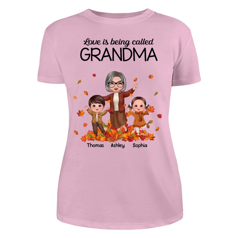 Fall Season Happy Doll Grandma And Grandkids Playing With Autumn Leaves Pile Personalized Shirt - Image 11