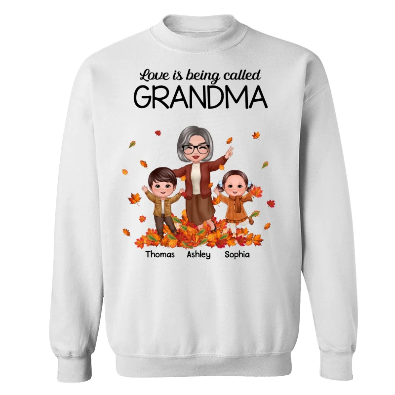 Fall Season Happy Doll Grandma And Grandkids Playing With Autumn Leaves Pile Personalized Shirt - Image 17