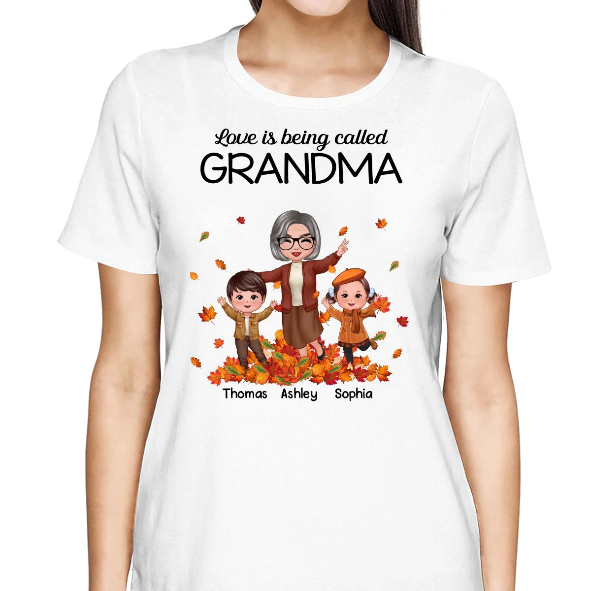 Fall Season Happy Doll Grandma And Grandkids Playing With Autumn Leaves Pile Personalized Shirt - Image 2