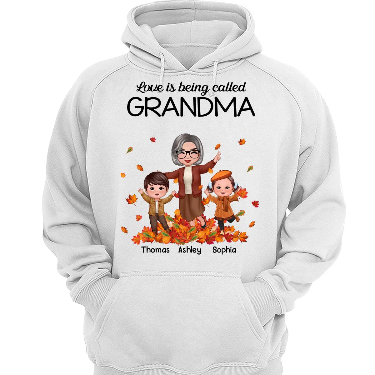 Fall Season Happy Doll Grandma And Grandkids Playing With Autumn Leaves Pile Personalized Shirt - Image 3