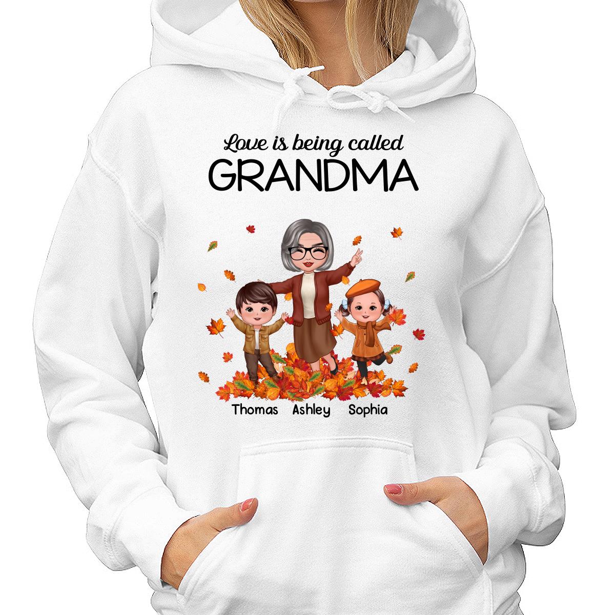 Fall Season Happy Doll Grandma And Grandkids Playing With Autumn Leaves Pile Personalized Shirt - Image 4