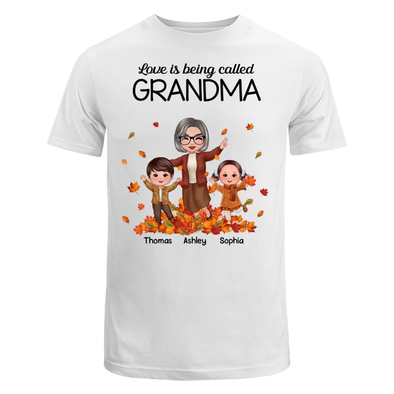 Fall Season Happy Doll Grandma And Grandkids Playing With Autumn Leaves Pile Personalized Shirt - Image 5