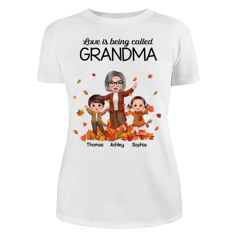 Fall Season Happy Doll Grandma And Grandkids Playing With Autumn Leaves Pile Personalized Shirt - Image 9