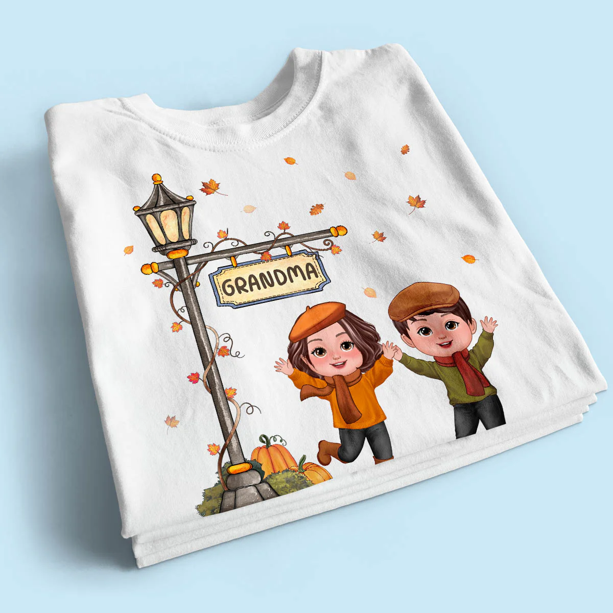 Fall Season Happy Doll Kids Under Lamp Post Personalized Shirt, Fall Season Gift For Grandma - Image 2