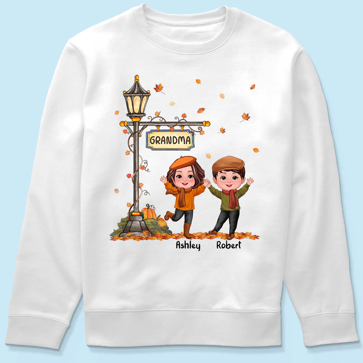 Fall Season Happy Doll Kids Under Lamp Post Personalized Shirt, Fall Season Gift For Grandma - Image 6