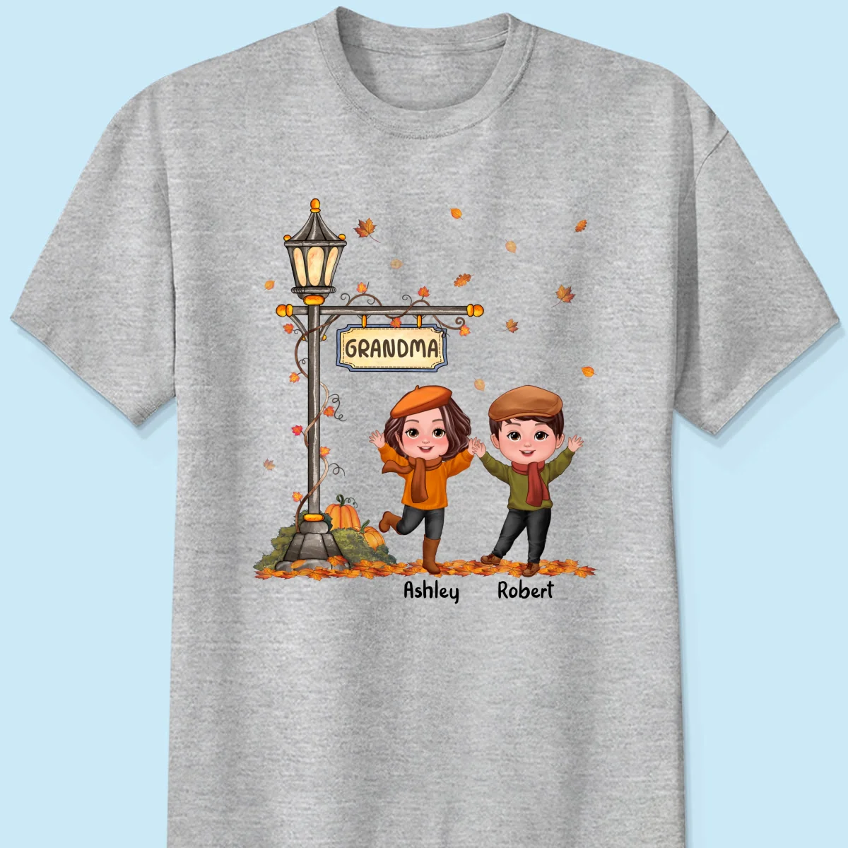 Fall Season Happy Doll Kids Under Lamp Post Personalized Shirt, Fall Season Gift For Grandma - Image 8
