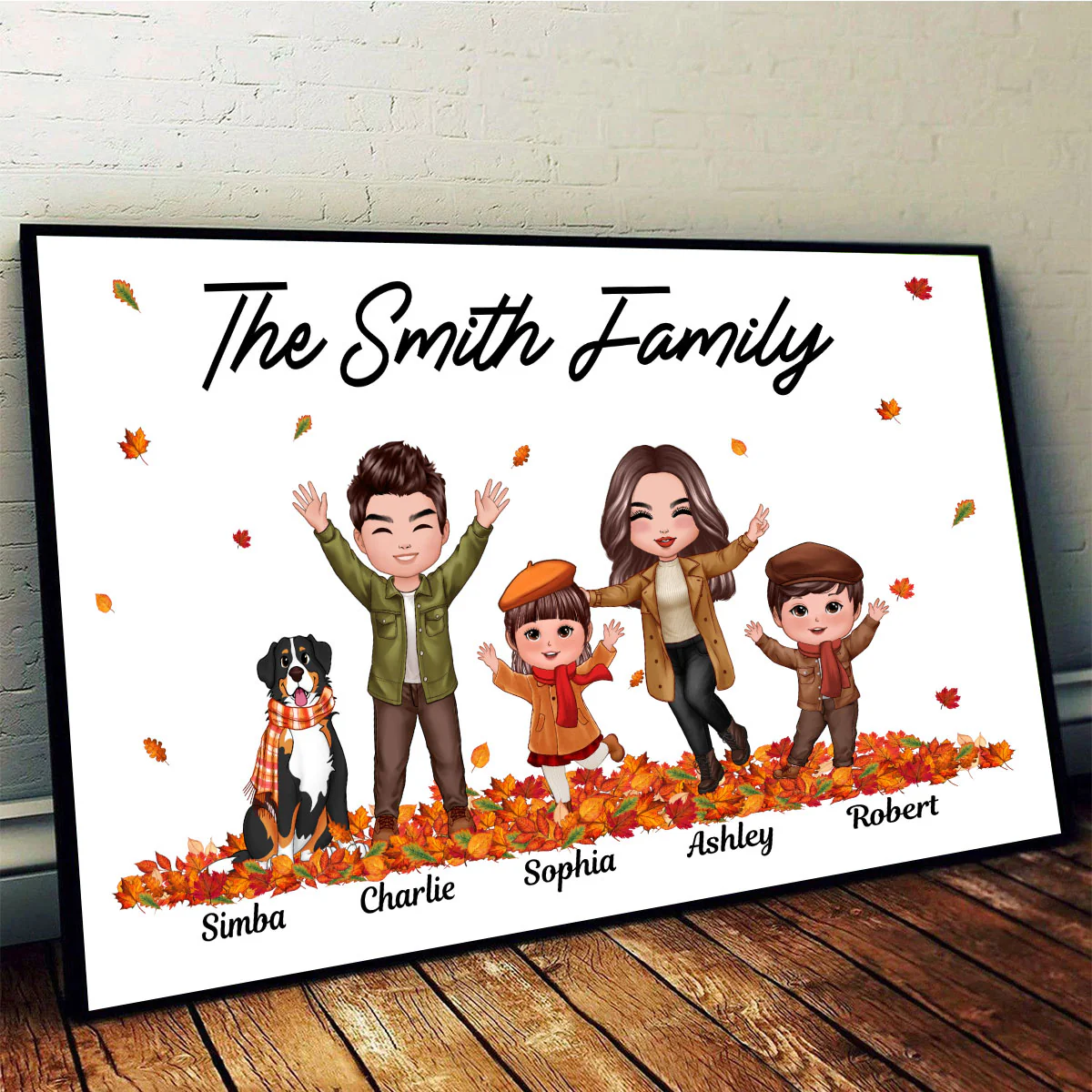 Fall Season Happy Whole Doll Family Dad Mom Kids Dogs Cats Playing With Autumn Leaves Pile Personalized Horizontal Poster - Image 2