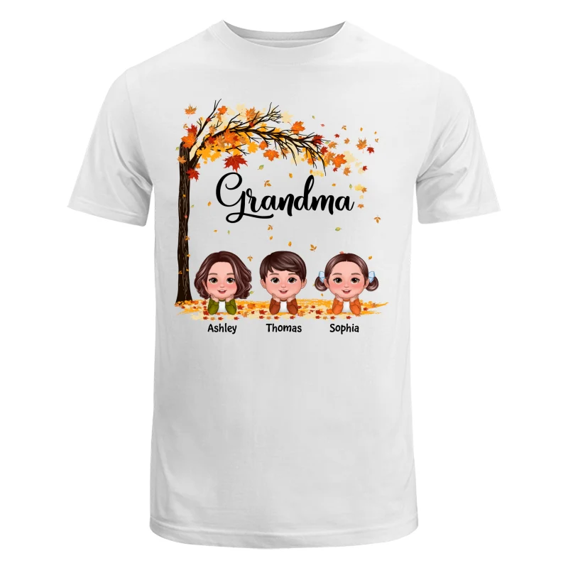Fall Season Kids Laying On Leaves Grandma Mom Personalized Shirt - Image 5