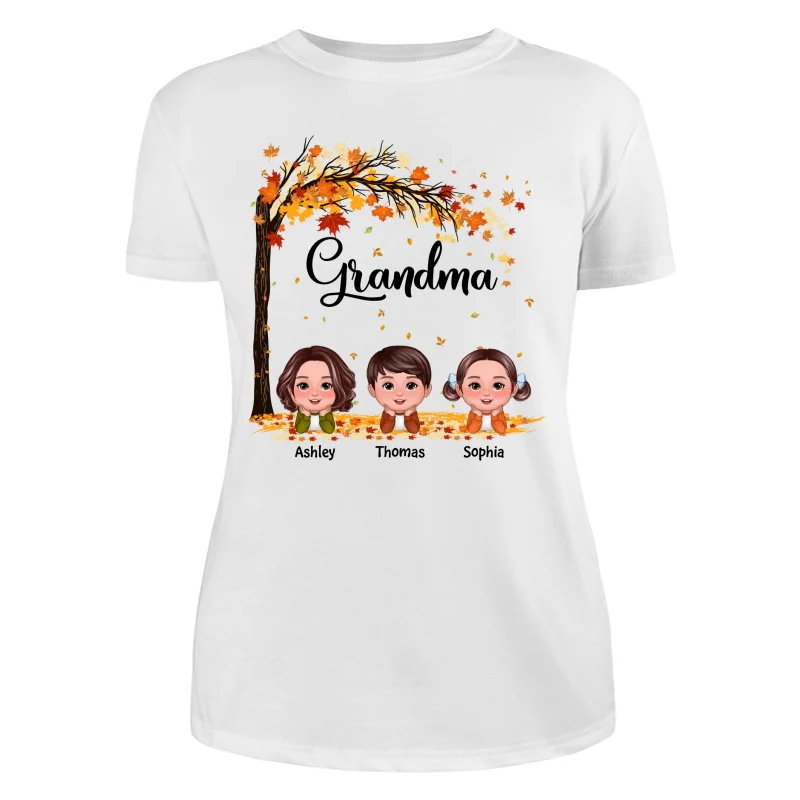 Fall Season Kids Laying On Leaves Grandma Mom Personalized Shirt - Image 9