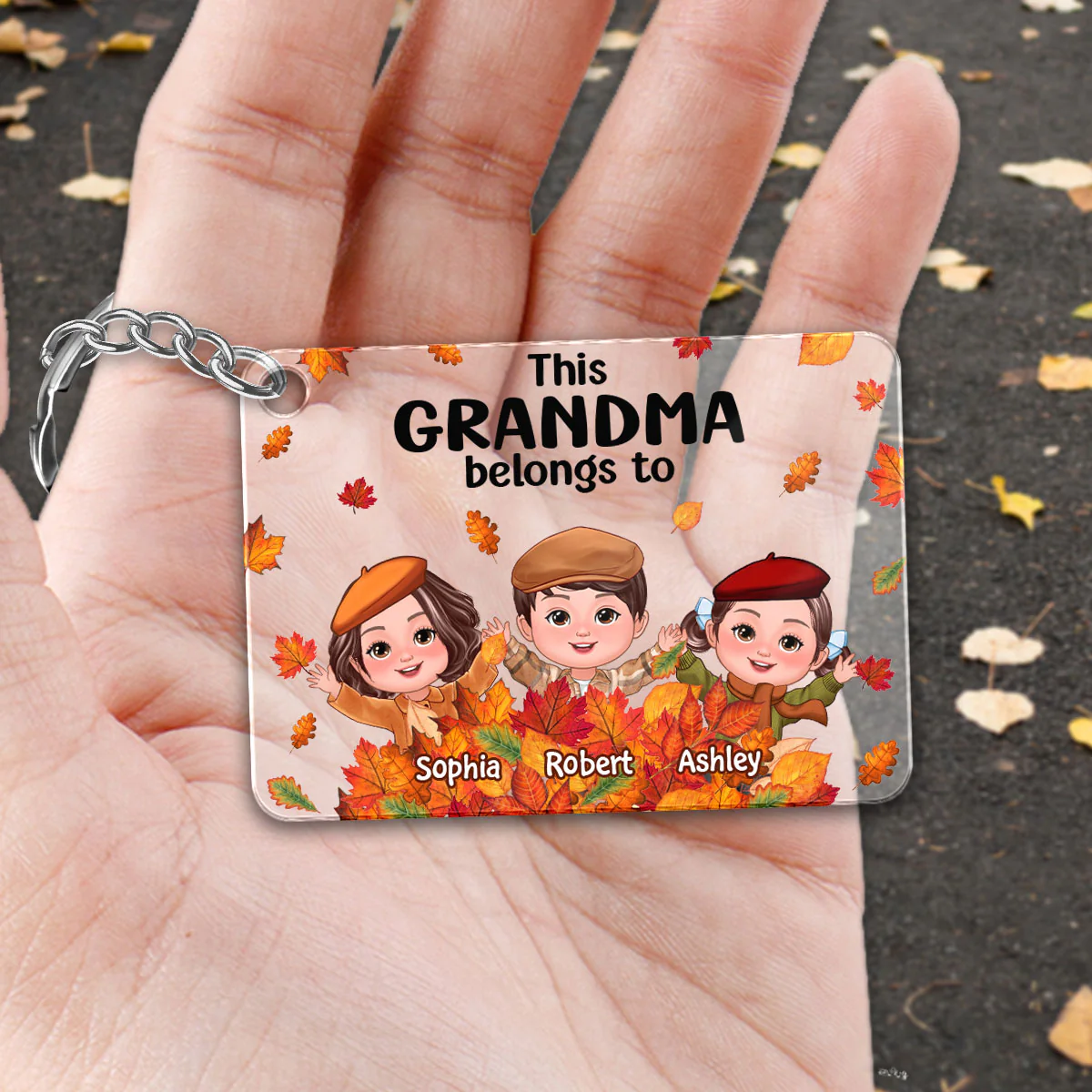 Fall Season Kids Playing In Leaf Pile Grandma Mom Personalized Acrylic Keychain - Image 2