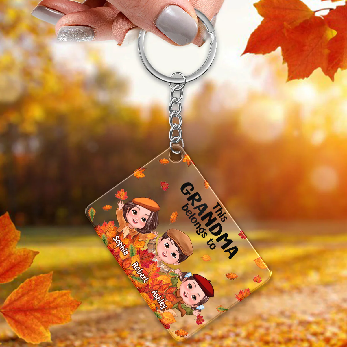 Fall Season Kids Playing In Leaf Pile Grandma Mom Personalized Acrylic Keychain - Image 3