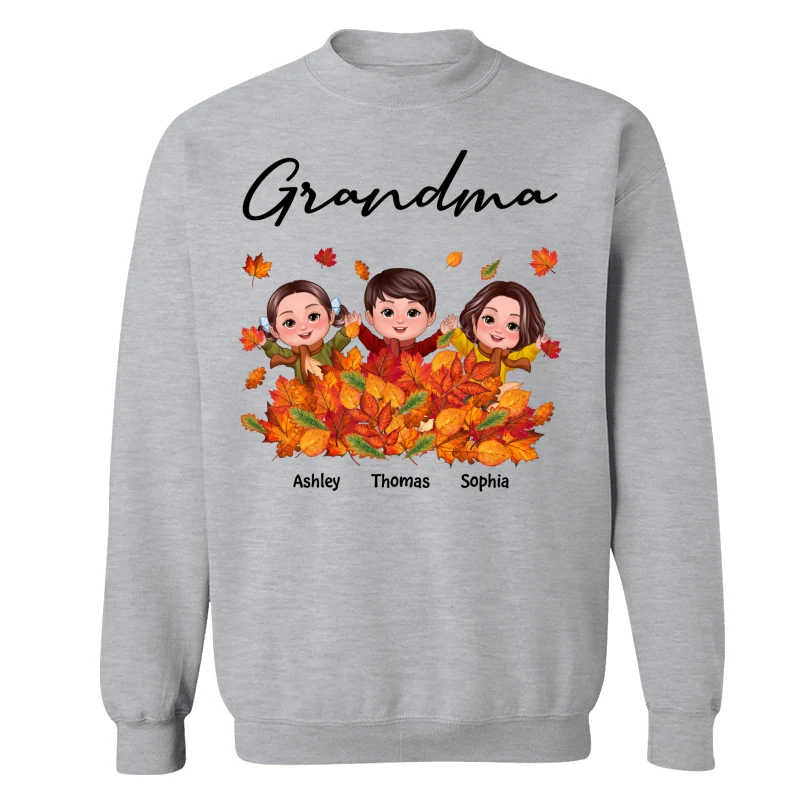 Fall Season Kids Playing In Leaf Pile Grandma Mom Personalized Shirt - Image 18