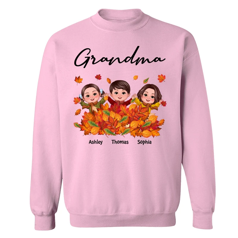 Fall Season Kids Playing In Leaf Pile Grandma Mom Personalized Shirt - Image 19