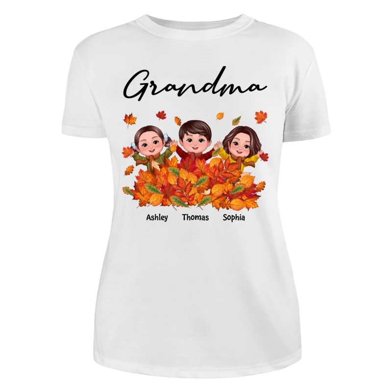 Fall Season Kids Playing In Leaf Pile Grandma Mom Personalized Shirt - Image 9