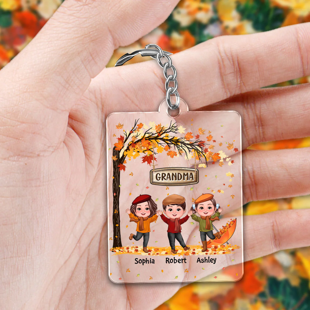 Fall Season Kids Playing Under Tree Personalized Acrylic Keychain - Image 2