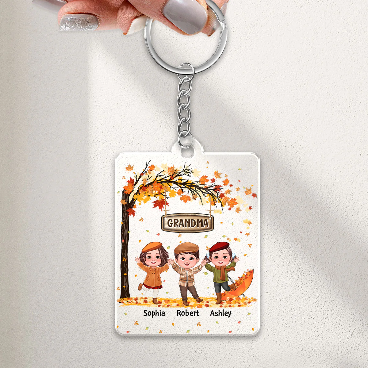 Fall Season Kids Playing Under Tree Personalized Acrylic Keychain - Image 3
