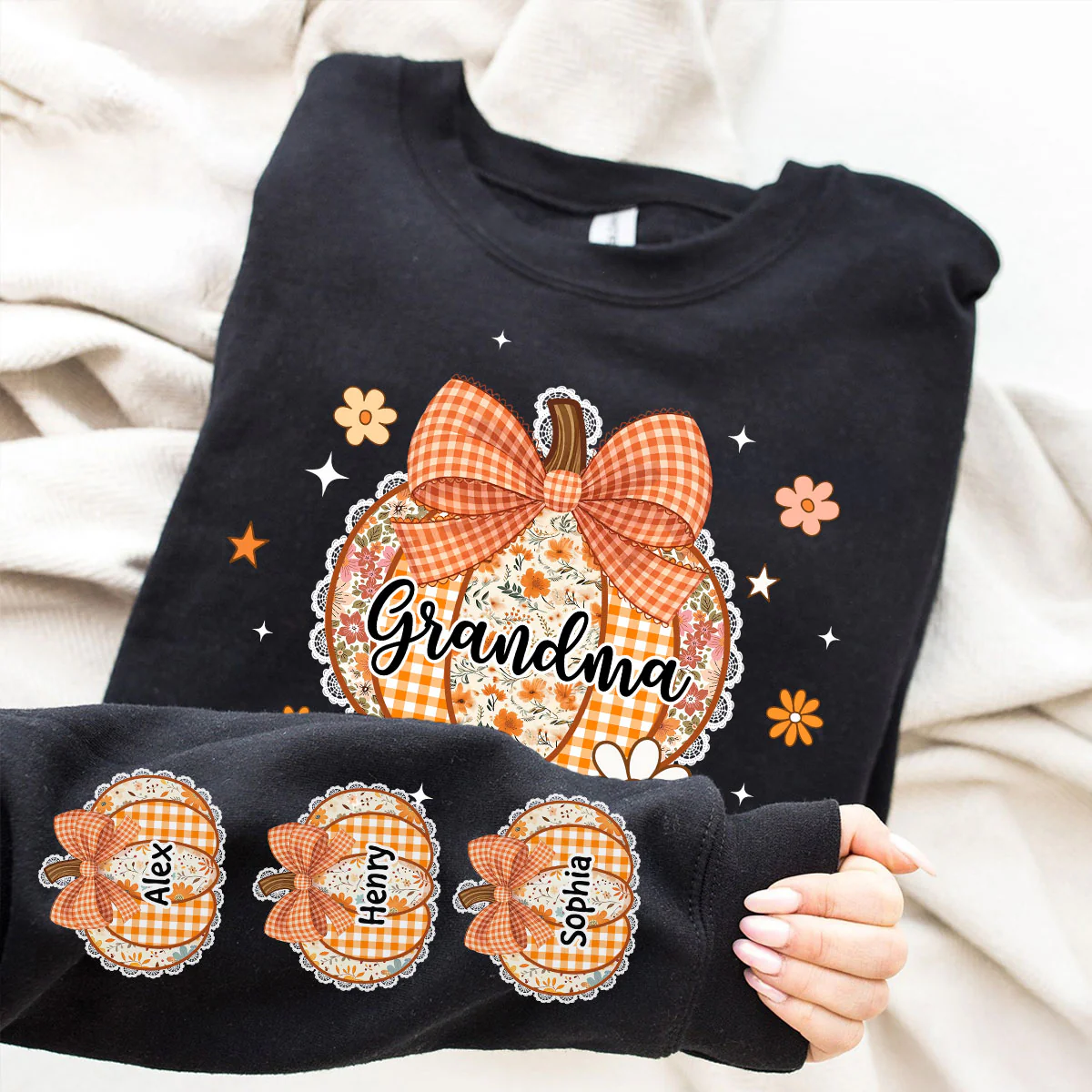 Fall Season Lace Pattern Grandma Pumpkins Personalized Sleeve Printed Sweatshirt - Image 2