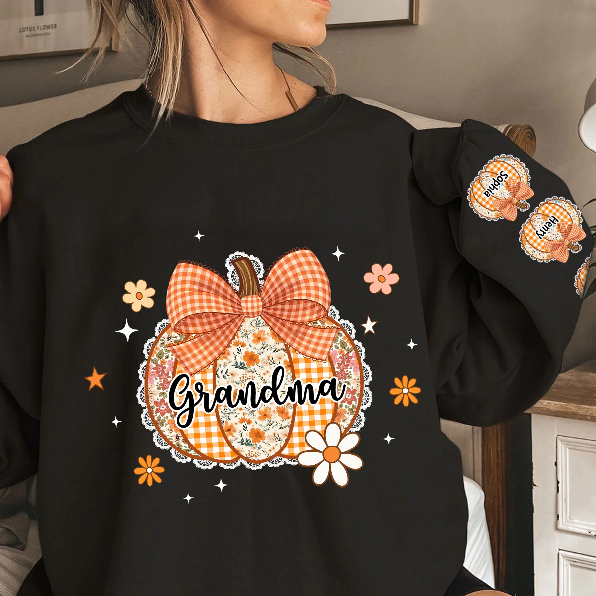 Fall Season Lace Pattern Grandma Pumpkins Personalized Sleeve Printed Sweatshirt - Image 3