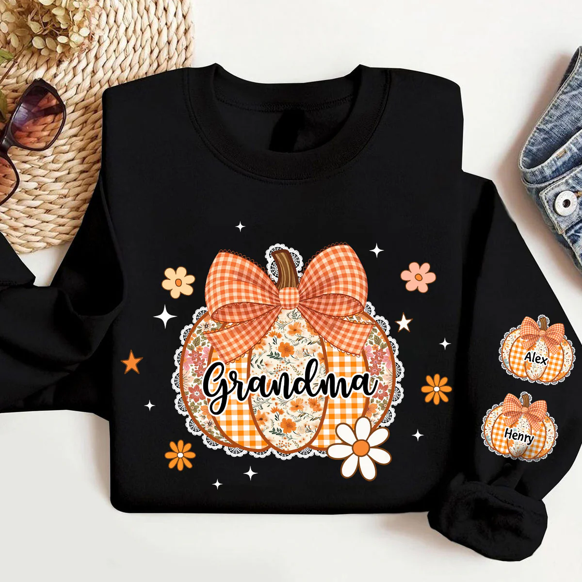 Fall Season Lace Pattern Grandma Pumpkins Personalized Sleeve Printed Sweatshirt - Image 4