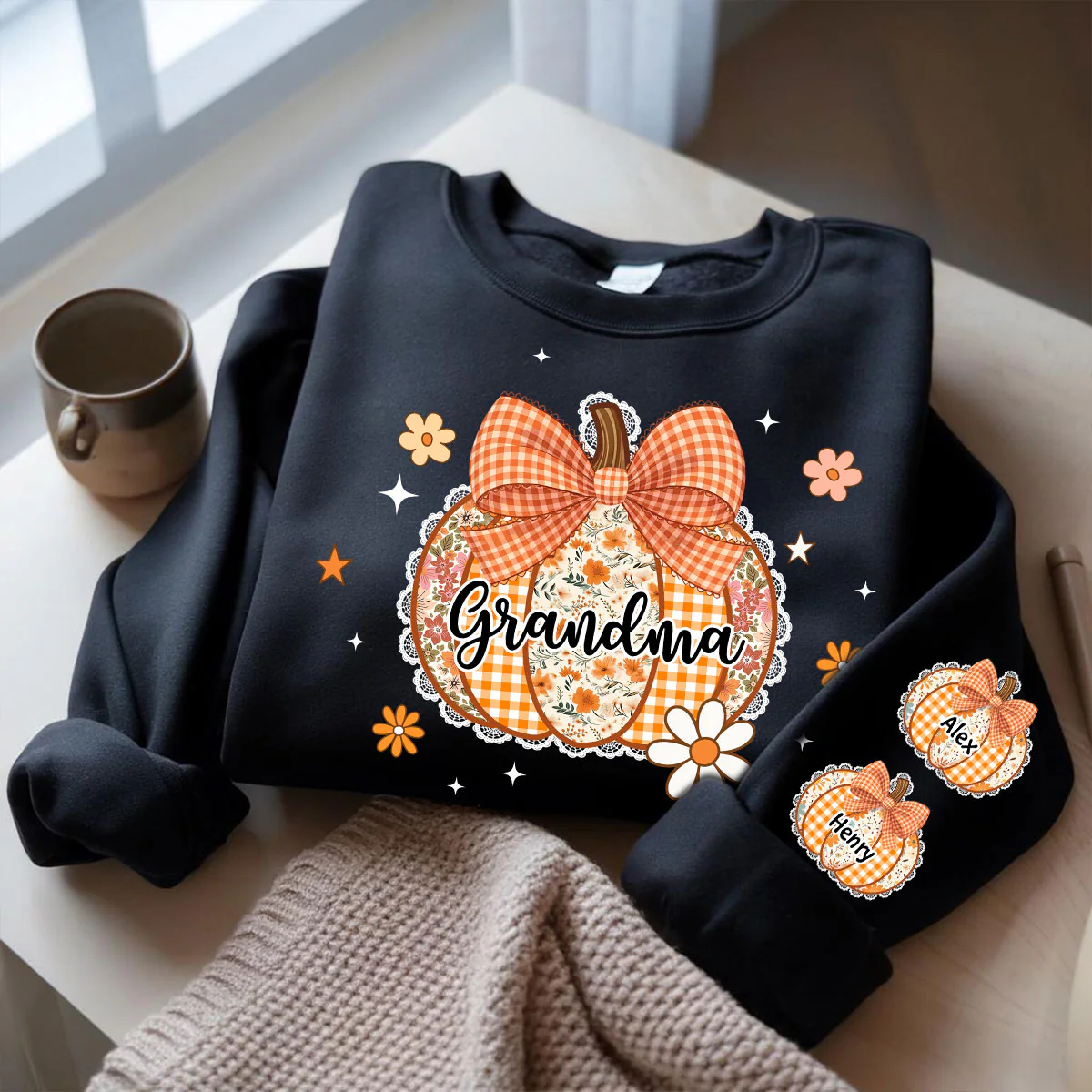 Fall Season Lace Pattern Grandma Pumpkins Personalized Sleeve Printed Sweatshirt - Image 5