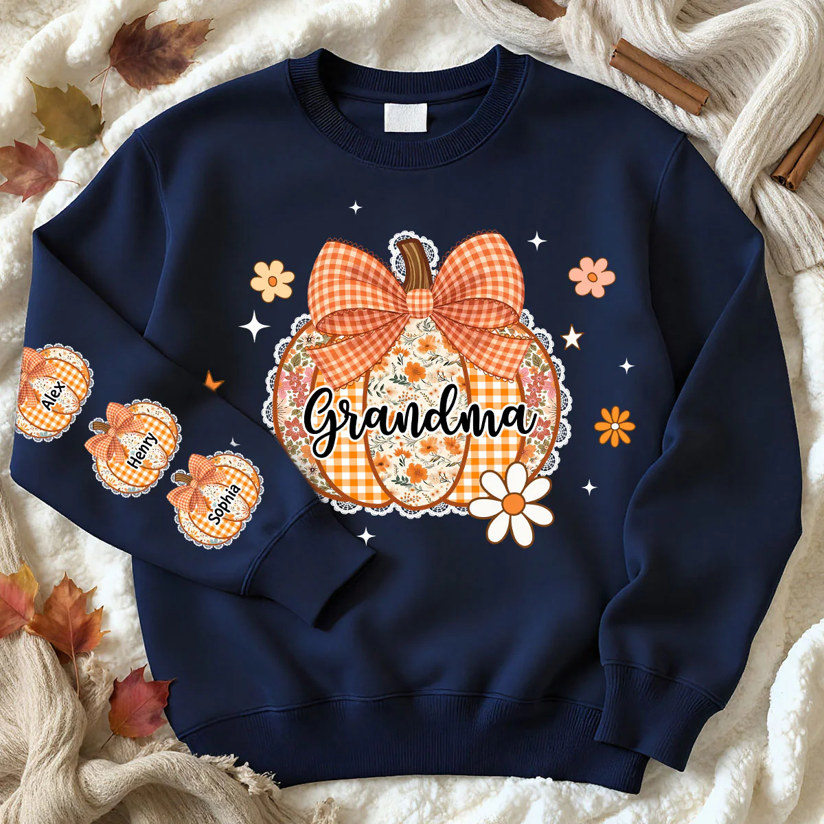 Fall Season Lace Pattern Grandma Pumpkins Personalized Sleeve Printed Sweatshirt - Image 6